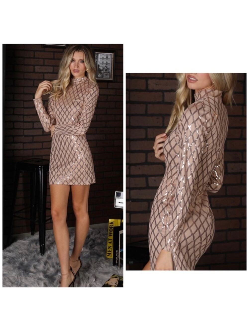NWT Hidden Brand Mock Neck Sequin Pattern Long Sleeve Sexy Mini Dress  Champagne